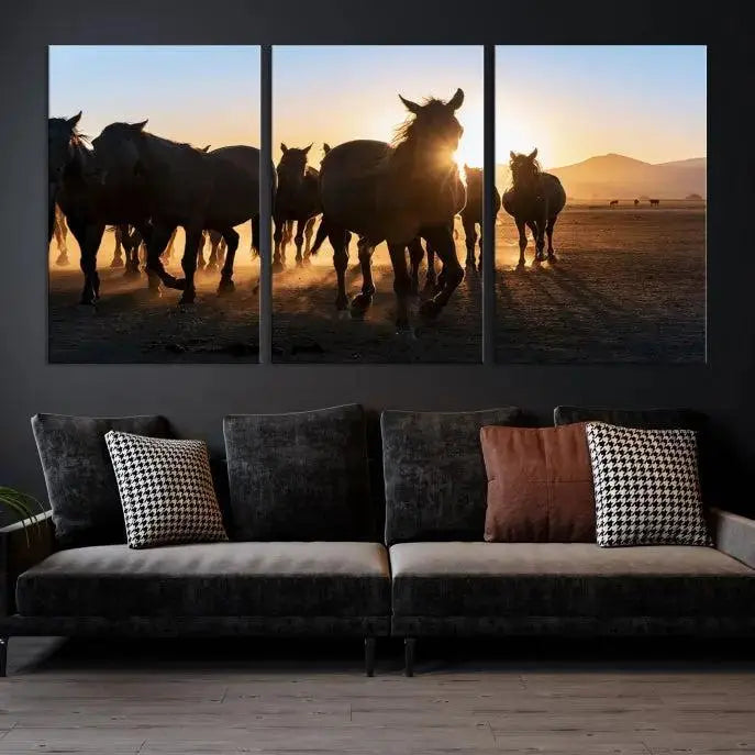 The Horse Herd Wall Art Animal Canvas Print features a triptych of galloping horses at sunset, hand-assembled on museum-quality canvas. This captivating masterpiece beautifully adorns the living room wall. Enjoy free shipping to easily welcome it into your home.