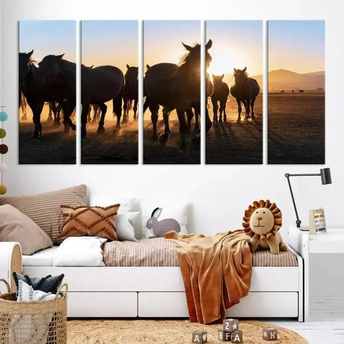 The Horse Herd Wall Art Animal Canvas Print features a triptych of galloping horses at sunset, hand-assembled on museum-quality canvas. This captivating masterpiece beautifully adorns the living room wall. Enjoy free shipping to easily welcome it into your home.