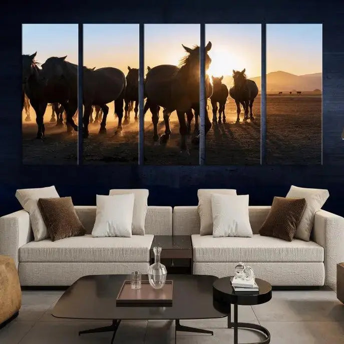 The Horse Herd Wall Art Animal Canvas Print features a triptych of galloping horses at sunset, hand-assembled on museum-quality canvas. This captivating masterpiece beautifully adorns the living room wall. Enjoy free shipping to easily welcome it into your home.