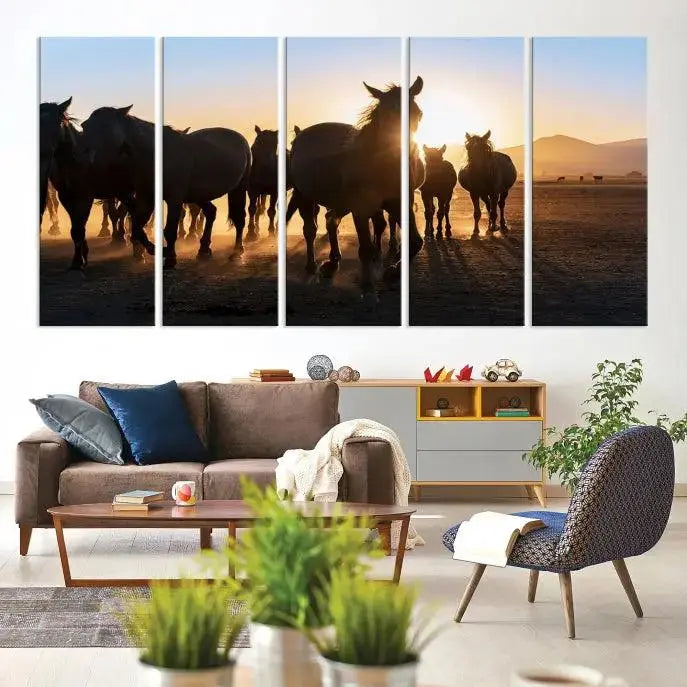 The Horse Herd Wall Art Animal Canvas Print features a triptych of galloping horses at sunset, hand-assembled on museum-quality canvas. This captivating masterpiece beautifully adorns the living room wall. Enjoy free shipping to easily welcome it into your home.