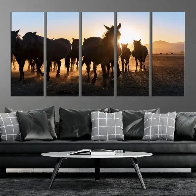 The Horse Herd Wall Art Animal Canvas Print features a triptych of galloping horses at sunset, hand-assembled on museum-quality canvas. This captivating masterpiece beautifully adorns the living room wall. Enjoy free shipping to easily welcome it into your home.