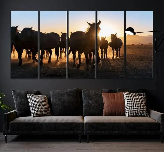 The Horse Herd Wall Art Animal Canvas Print features a triptych of galloping horses at sunset, hand-assembled on museum-quality canvas. This captivating masterpiece beautifully adorns the living room wall. Enjoy free shipping to easily welcome it into your home.