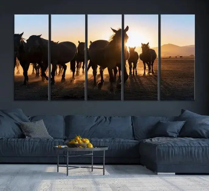 The Horse Herd Wall Art Animal Canvas Print features a triptych of galloping horses at sunset, hand-assembled on museum-quality canvas. This captivating masterpiece beautifully adorns the living room wall. Enjoy free shipping to easily welcome it into your home.