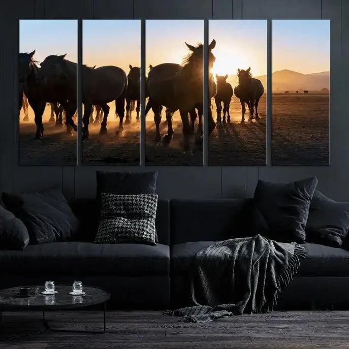 The Horse Herd Wall Art Animal Canvas Print features a triptych of galloping horses at sunset, hand-assembled on museum-quality canvas. This captivating masterpiece beautifully adorns the living room wall. Enjoy free shipping to easily welcome it into your home.