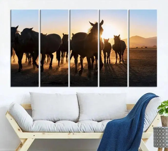 The Horse Herd Wall Art Animal Canvas Print features a triptych of galloping horses at sunset, hand-assembled on museum-quality canvas. This captivating masterpiece beautifully adorns the living room wall. Enjoy free shipping to easily welcome it into your home.