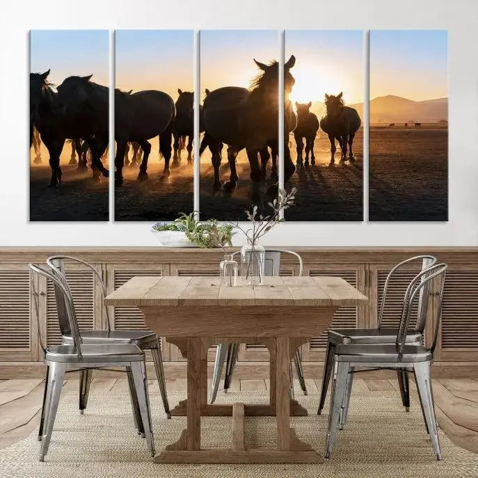 The Horse Herd Wall Art Animal Canvas Print features a triptych of galloping horses at sunset, hand-assembled on museum-quality canvas. This captivating masterpiece beautifully adorns the living room wall. Enjoy free shipping to easily welcome it into your home.