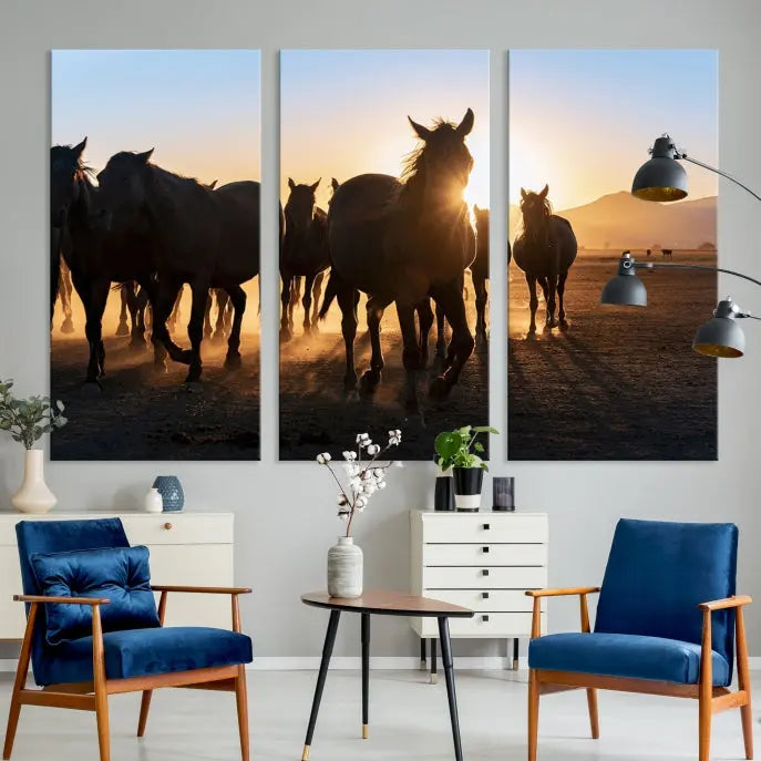 The Horse Herd Wall Art Animal Canvas Print features a triptych of galloping horses at sunset, hand-assembled on museum-quality canvas. This captivating masterpiece beautifully adorns the living room wall. Enjoy free shipping to easily welcome it into your home.