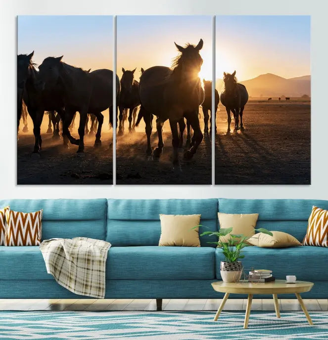 The Horse Herd Wall Art Animal Canvas Print features a triptych of galloping horses at sunset, hand-assembled on museum-quality canvas. This captivating masterpiece beautifully adorns the living room wall. Enjoy free shipping to easily welcome it into your home.