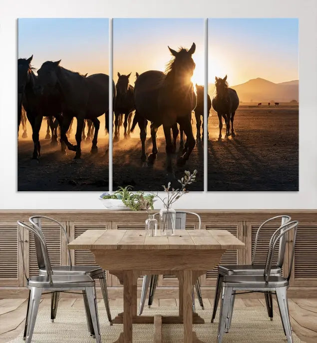 The Horse Herd Wall Art Animal Canvas Print features a triptych of galloping horses at sunset, hand-assembled on museum-quality canvas. This captivating masterpiece beautifully adorns the living room wall. Enjoy free shipping to easily welcome it into your home.