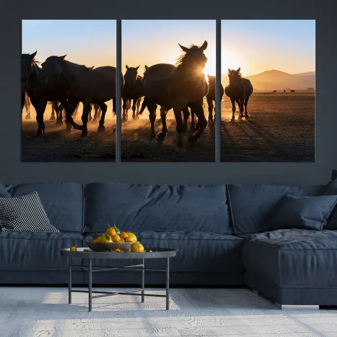 The Horse Herd Wall Art Animal Canvas Print features a triptych of galloping horses at sunset, hand-assembled on museum-quality canvas. This captivating masterpiece beautifully adorns the living room wall. Enjoy free shipping to easily welcome it into your home.