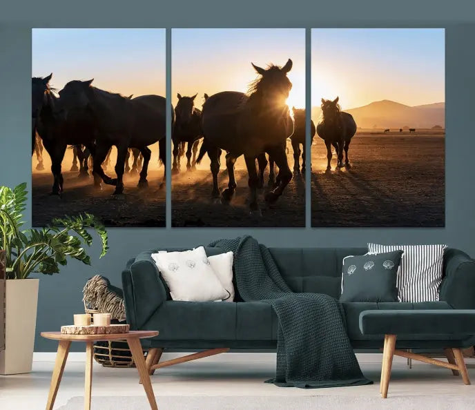 The Horse Herd Wall Art Animal Canvas Print features a triptych of galloping horses at sunset, hand-assembled on museum-quality canvas. This captivating masterpiece beautifully adorns the living room wall. Enjoy free shipping to easily welcome it into your home.