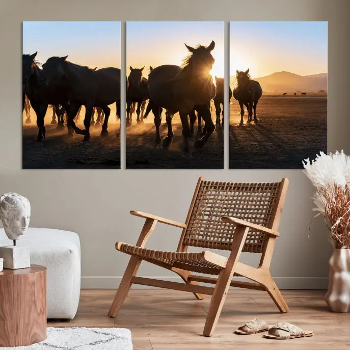 The Horse Herd Wall Art Animal Canvas Print features a triptych of galloping horses at sunset, hand-assembled on museum-quality canvas. This captivating masterpiece beautifully adorns the living room wall. Enjoy free shipping to easily welcome it into your home.