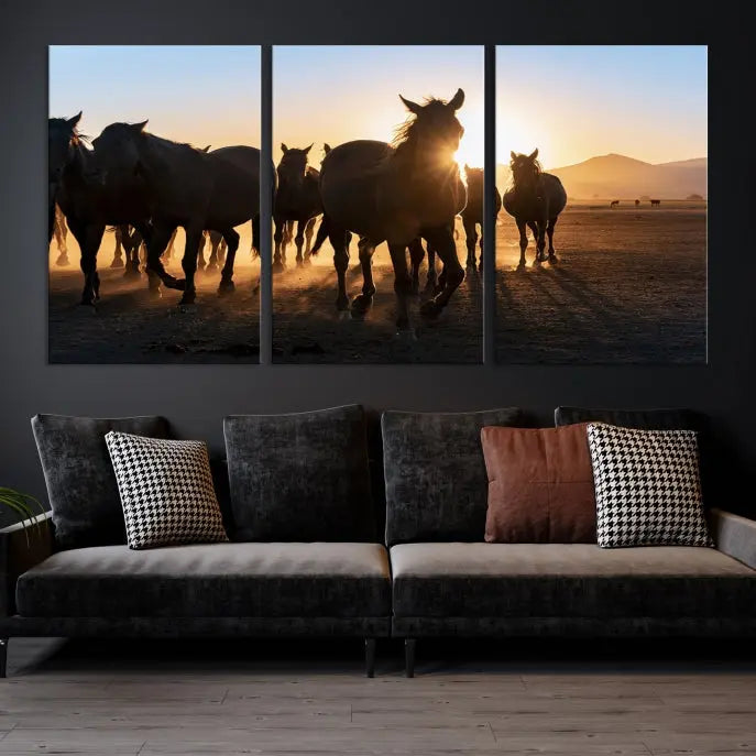 The Horse Herd Wall Art Animal Canvas Print features a triptych of galloping horses at sunset, hand-assembled on museum-quality canvas. This captivating masterpiece beautifully adorns the living room wall. Enjoy free shipping to easily welcome it into your home.