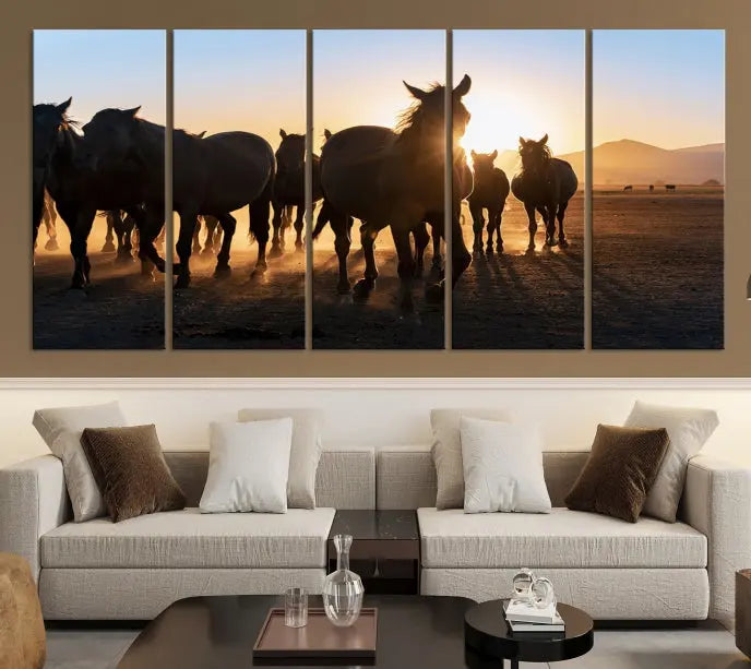 The Horse Herd Wall Art Animal Canvas Print features a triptych of galloping horses at sunset, hand-assembled on museum-quality canvas. This captivating masterpiece beautifully adorns the living room wall. Enjoy free shipping to easily welcome it into your home.