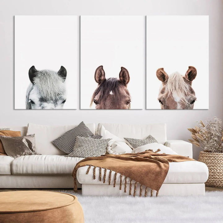 Horse Wall Art - Minimalist Horse Triptych Wall Art – Modern 3-Panel Giclée Canvas Featuring Horse Heads in Neutral Tones for Farmhouse or