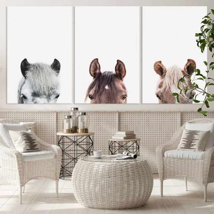 Horse Wall Art - Minimalist Horse Triptych Wall Art – Modern 3-Panel Giclée Canvas Featuring Horse Heads in Neutral Tones for Farmhouse or