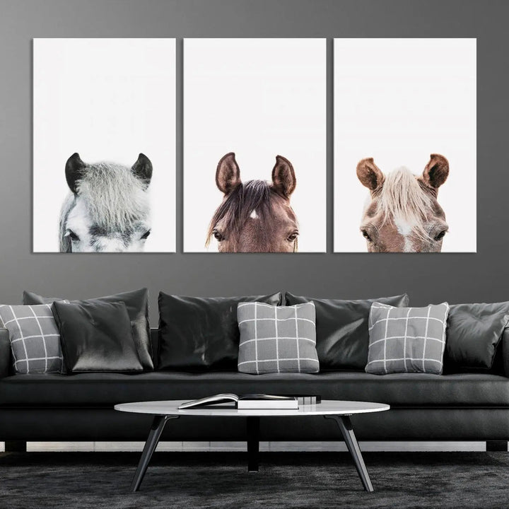 Horse Wall Art - Minimalist Horse Triptych Wall Art – Modern 3-Panel Giclée Canvas Featuring Horse Heads in Neutral Tones for Farmhouse or