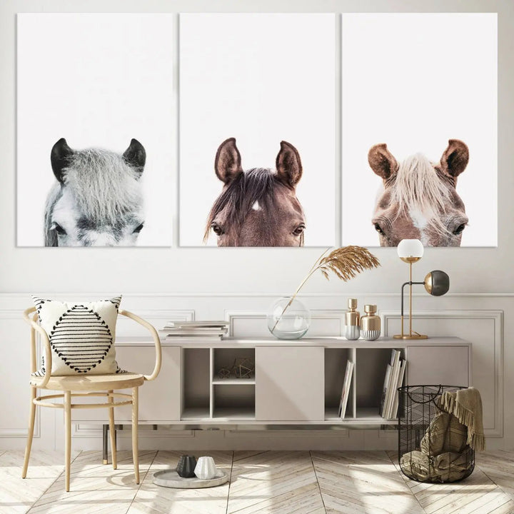 Horse Wall Art - Minimalist Horse Triptych Wall Art – Modern 3-Panel Giclée Canvas Featuring Horse Heads in Neutral Tones for Farmhouse or