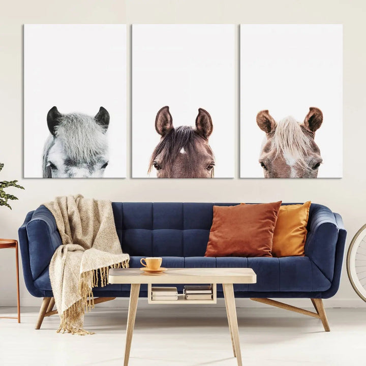 Horse Wall Art - Minimalist Horse Triptych Wall Art – Modern 3-Panel Giclée Canvas Featuring Horse Heads in Neutral Tones for Farmhouse or