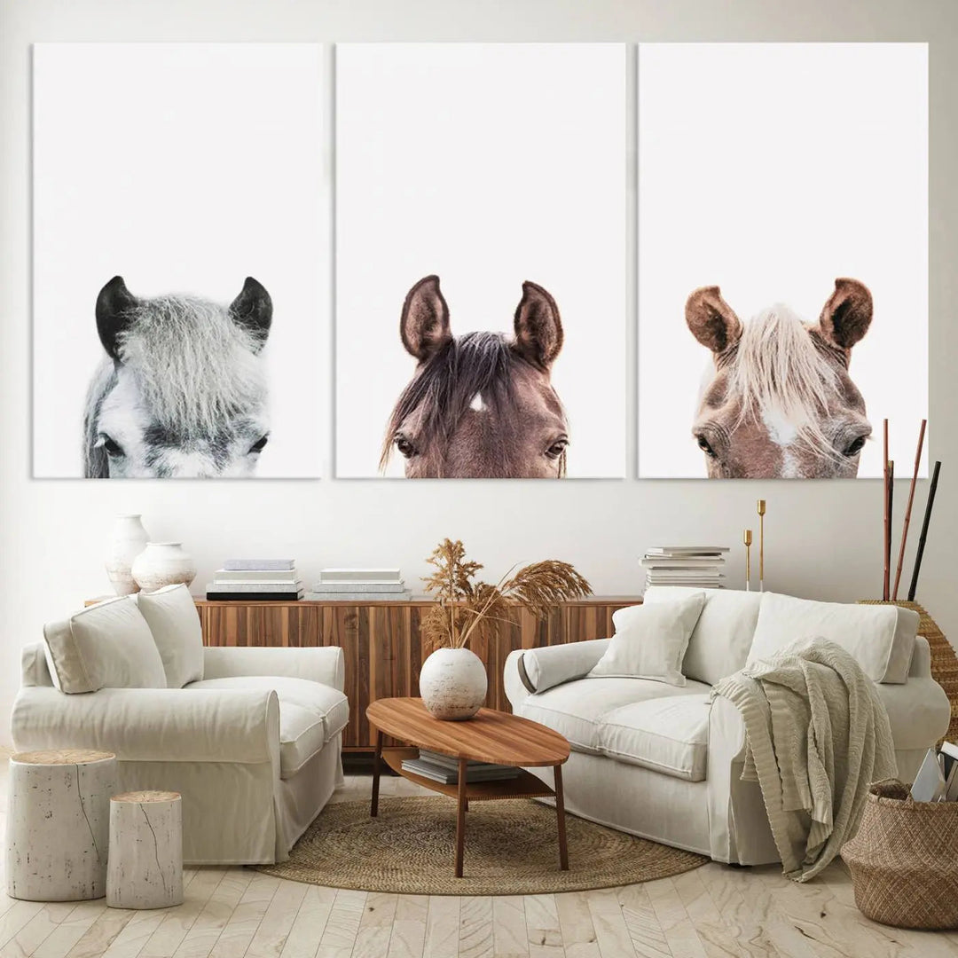 Horse Wall Art - Minimalist Horse Triptych Wall Art – Modern 3-Panel Giclée Canvas Featuring Horse Heads in Neutral Tones for Farmhouse or
