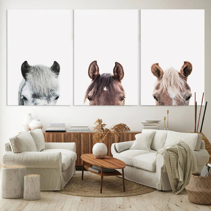Horse Wall Art - Minimalist Horse Triptych Wall Art – Modern 3-Panel Giclée Canvas Featuring Horse Heads in Neutral Tones for Farmhouse or