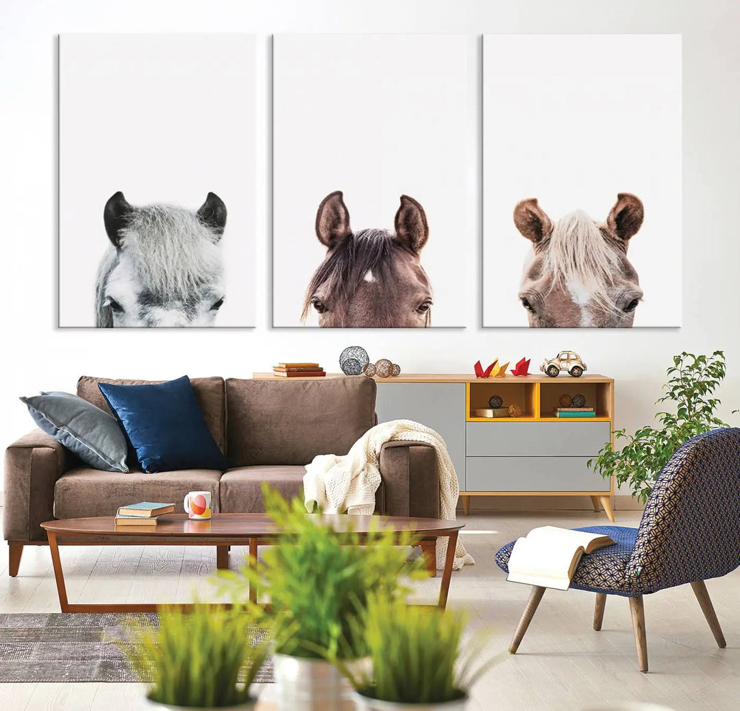 Horse Wall Art - Minimalist Horse Triptych Wall Art – Modern 3-Panel Giclée Canvas Featuring Horse Heads in Neutral Tones for Farmhouse or