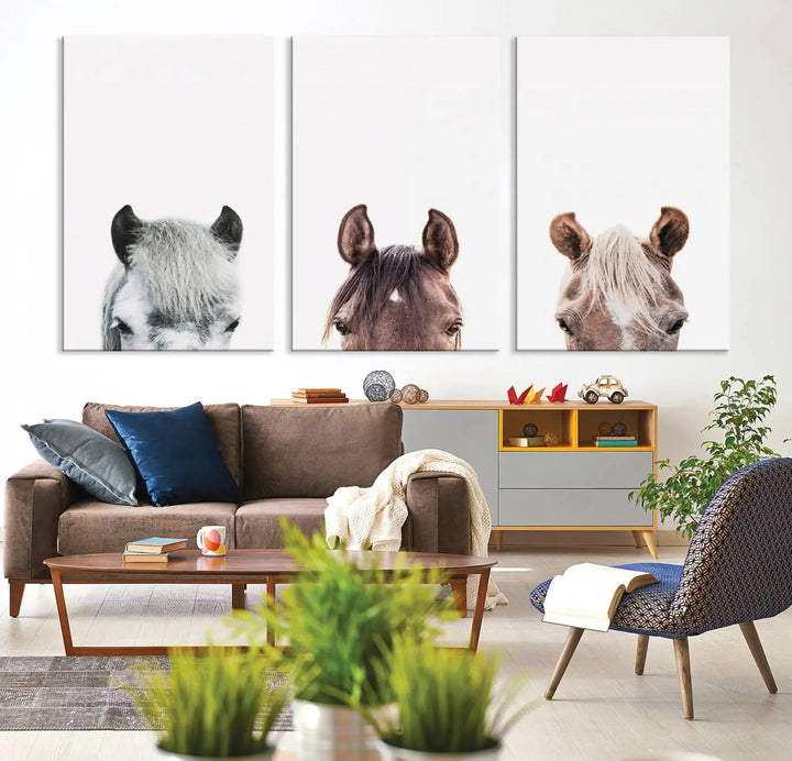 Horse Wall Art - Minimalist Horse Triptych Wall Art – Modern 3-Panel Giclée Canvas Featuring Horse Heads in Neutral Tones for Farmhouse or