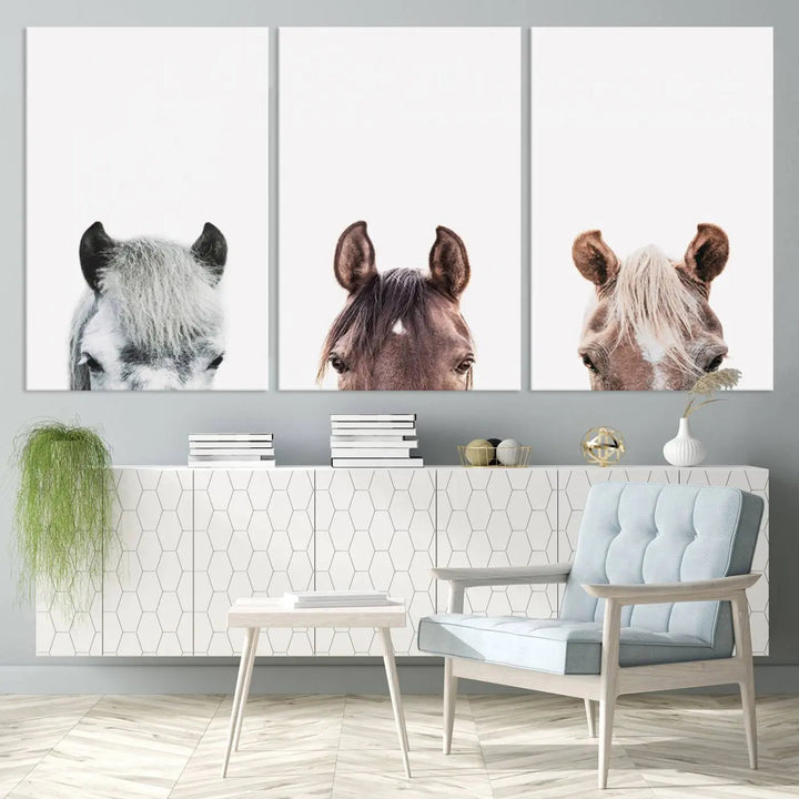 Horse Wall Art - Minimalist Horse Triptych Wall Art – Modern 3-Panel Giclée Canvas Featuring Horse Heads in Neutral Tones for Farmhouse or