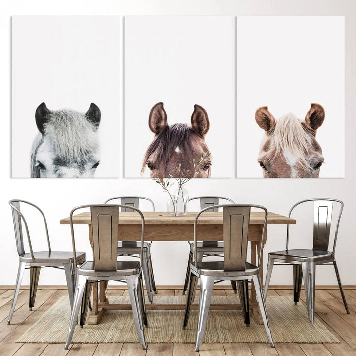 Horse Wall Art - Minimalist Horse Triptych Wall Art – Modern 3-Panel Giclée Canvas Featuring Horse Heads in Neutral Tones for Farmhouse or
