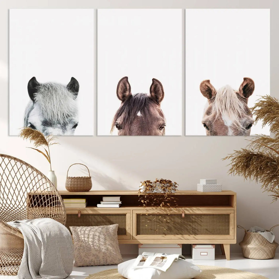 Horse Wall Art - Minimalist Horse Triptych Wall Art – Modern 3-Panel Giclée Canvas Featuring Horse Heads in Neutral Tones for Farmhouse or