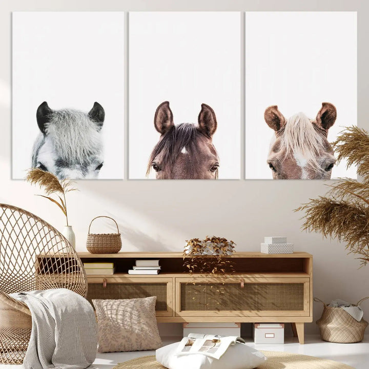 Horse Wall Art - Minimalist Horse Triptych Wall Art – Modern 3-Panel Giclée Canvas Featuring Horse Heads in Neutral Tones for Farmhouse or