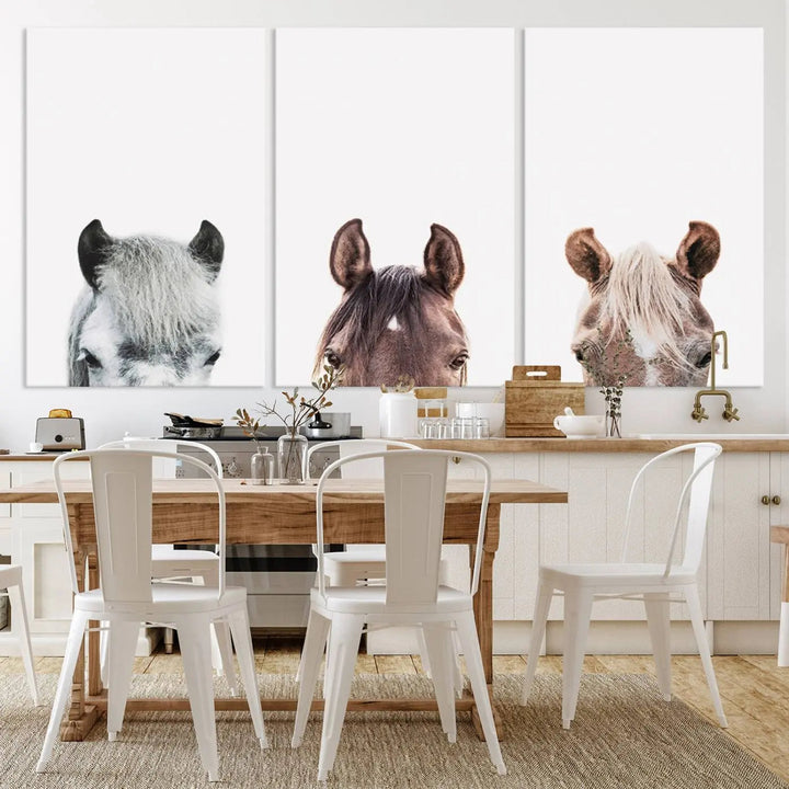 Horse Wall Art - Minimalist Horse Triptych Wall Art – Modern 3-Panel Giclée Canvas Featuring Horse Heads in Neutral Tones for Farmhouse or