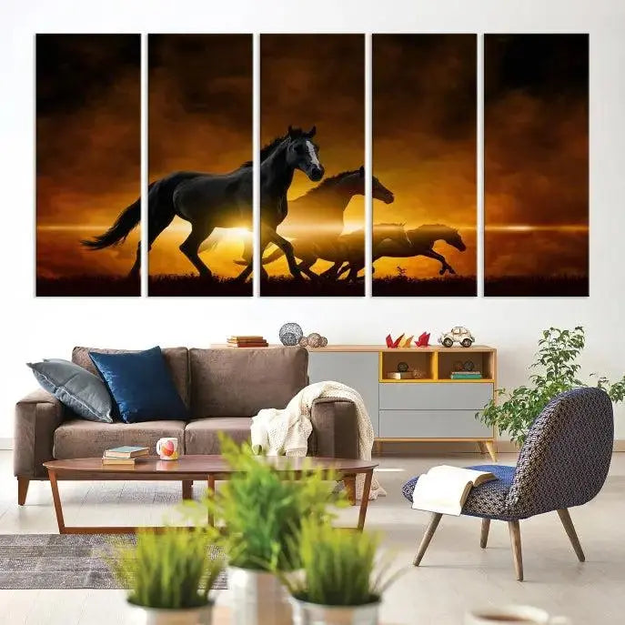 The living room showcases a Horse Wall Art Multi Panel Animal Canvas Print, depicting galloping horses against a fiery sunset on museum-quality canvases with UV-protective coating.