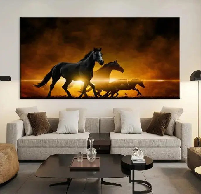 The living room showcases a Horse Wall Art Multi Panel Animal Canvas Print, depicting galloping horses against a fiery sunset on museum-quality canvases with UV-protective coating.