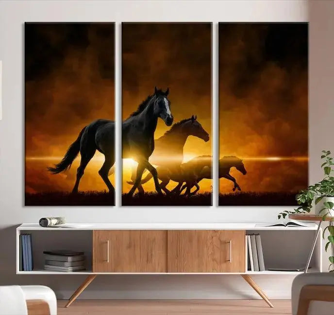 The living room showcases a Horse Wall Art Multi Panel Animal Canvas Print, depicting galloping horses against a fiery sunset on museum-quality canvases with UV-protective coating.