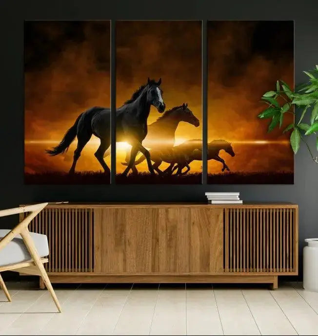 The living room showcases a Horse Wall Art Multi Panel Animal Canvas Print, depicting galloping horses against a fiery sunset on museum-quality canvases with UV-protective coating.