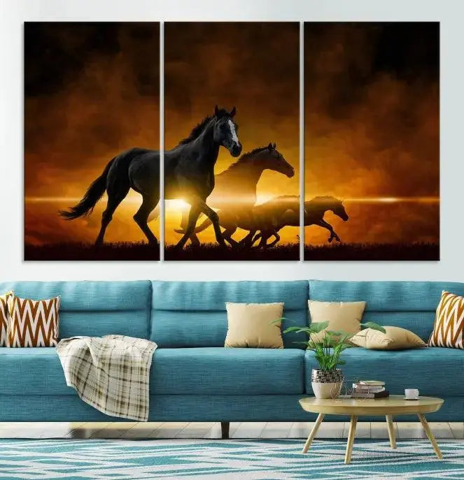 The living room showcases a Horse Wall Art Multi Panel Animal Canvas Print, depicting galloping horses against a fiery sunset on museum-quality canvases with UV-protective coating.