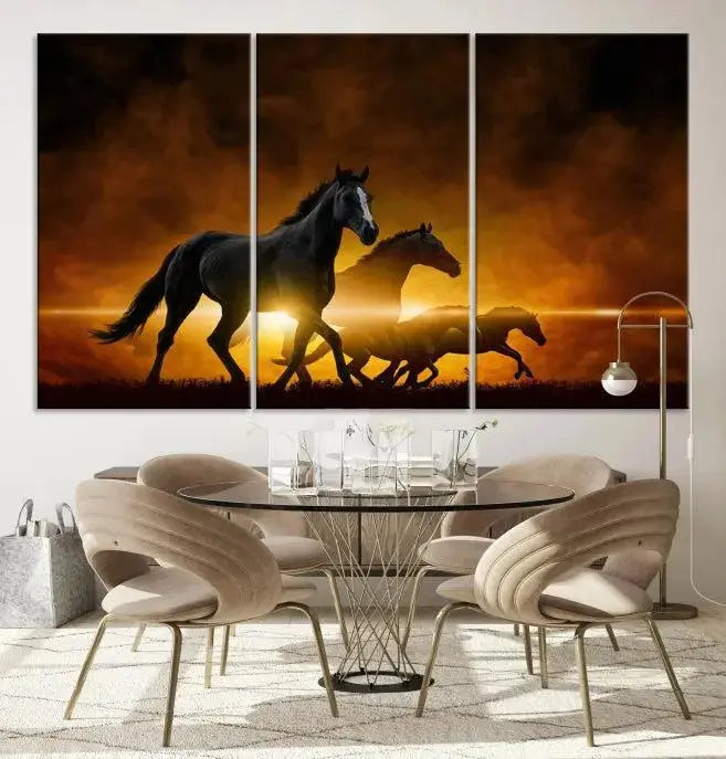 The living room showcases a Horse Wall Art Multi Panel Animal Canvas Print, depicting galloping horses against a fiery sunset on museum-quality canvases with UV-protective coating.