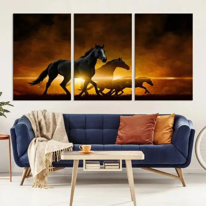 The living room showcases a Horse Wall Art Multi Panel Animal Canvas Print, depicting galloping horses against a fiery sunset on museum-quality canvases with UV-protective coating.