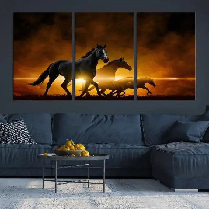 The living room showcases a Horse Wall Art Multi Panel Animal Canvas Print, depicting galloping horses against a fiery sunset on museum-quality canvases with UV-protective coating.