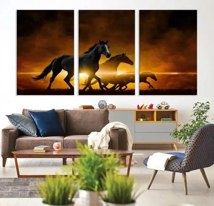 The living room showcases a Horse Wall Art Multi Panel Animal Canvas Print, depicting galloping horses against a fiery sunset on museum-quality canvases with UV-protective coating.