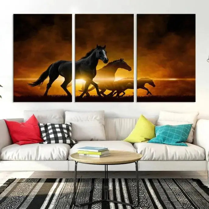 The living room showcases a Horse Wall Art Multi Panel Animal Canvas Print, depicting galloping horses against a fiery sunset on museum-quality canvases with UV-protective coating.