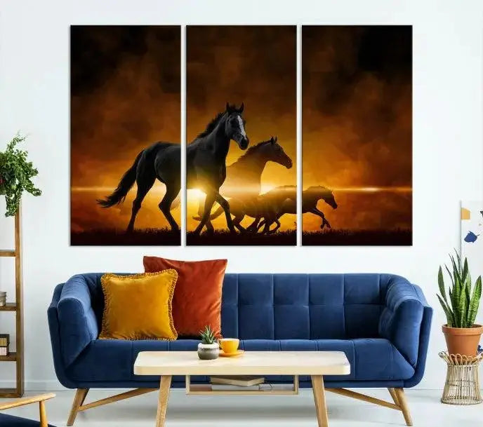 The living room showcases a Horse Wall Art Multi Panel Animal Canvas Print, depicting galloping horses against a fiery sunset on museum-quality canvases with UV-protective coating.