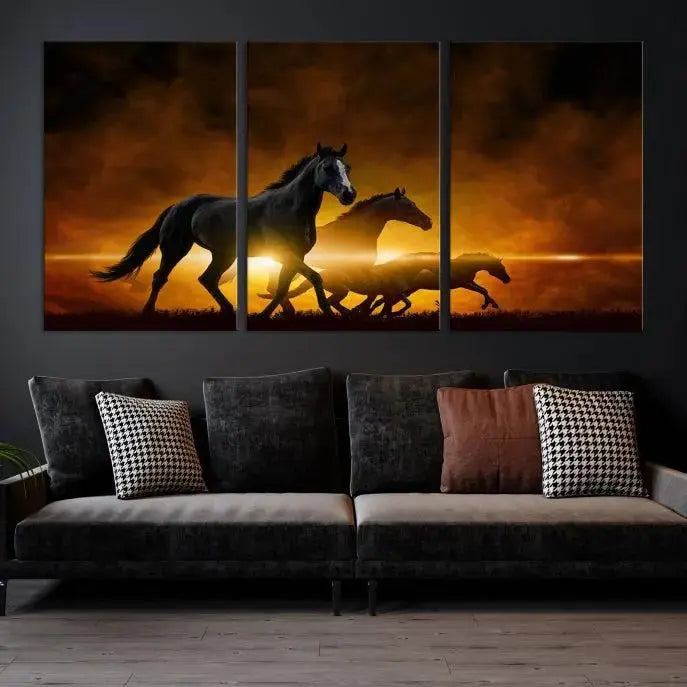 The living room showcases a Horse Wall Art Multi Panel Animal Canvas Print, depicting galloping horses against a fiery sunset on museum-quality canvases with UV-protective coating.