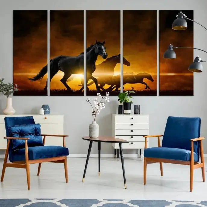 The living room showcases a Horse Wall Art Multi Panel Animal Canvas Print, depicting galloping horses against a fiery sunset on museum-quality canvases with UV-protective coating.