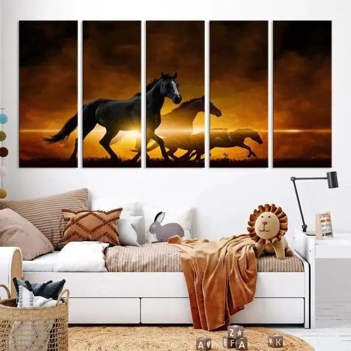 The living room showcases a Horse Wall Art Multi Panel Animal Canvas Print, depicting galloping horses against a fiery sunset on museum-quality canvases with UV-protective coating.