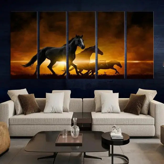 The living room showcases a Horse Wall Art Multi Panel Animal Canvas Print, depicting galloping horses against a fiery sunset on museum-quality canvases with UV-protective coating.