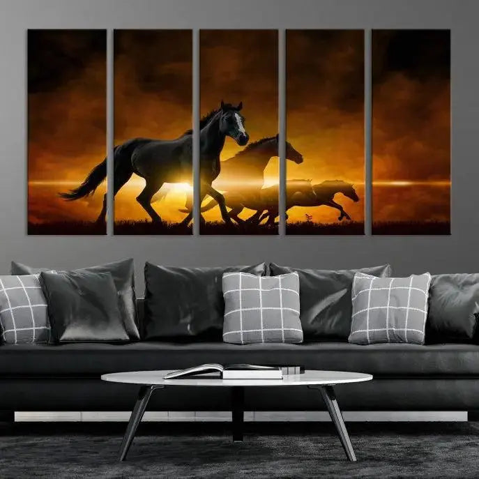 The living room showcases a Horse Wall Art Multi Panel Animal Canvas Print, depicting galloping horses against a fiery sunset on museum-quality canvases with UV-protective coating.