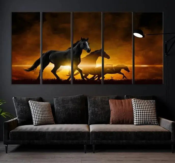 The living room showcases a Horse Wall Art Multi Panel Animal Canvas Print, depicting galloping horses against a fiery sunset on museum-quality canvases with UV-protective coating.