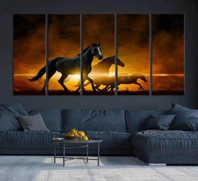 The living room showcases a Horse Wall Art Multi Panel Animal Canvas Print, depicting galloping horses against a fiery sunset on museum-quality canvases with UV-protective coating.